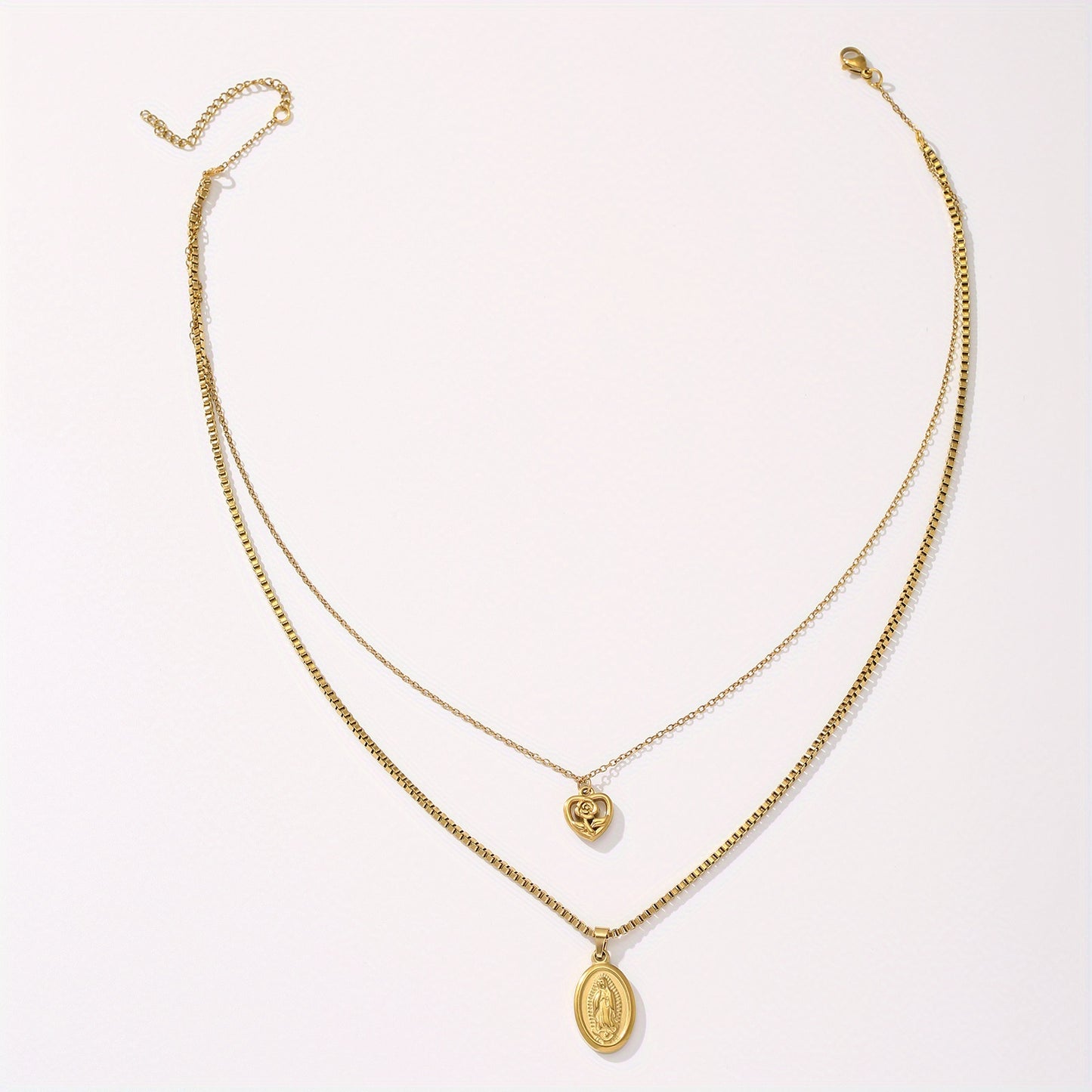 Colar Nossa Senhora de Fátima Folheado a Ouro 18K com Pingente de Coração e Rosa