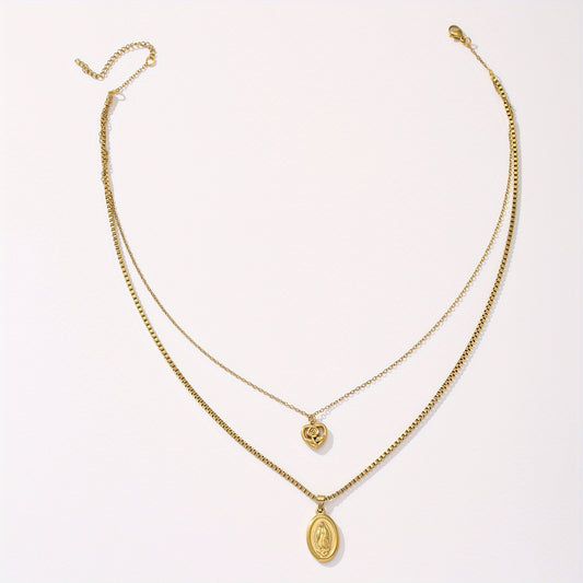 Colar Nossa Senhora de Fátima Folheado a Ouro 18K com Pingente de Coração e Rosa