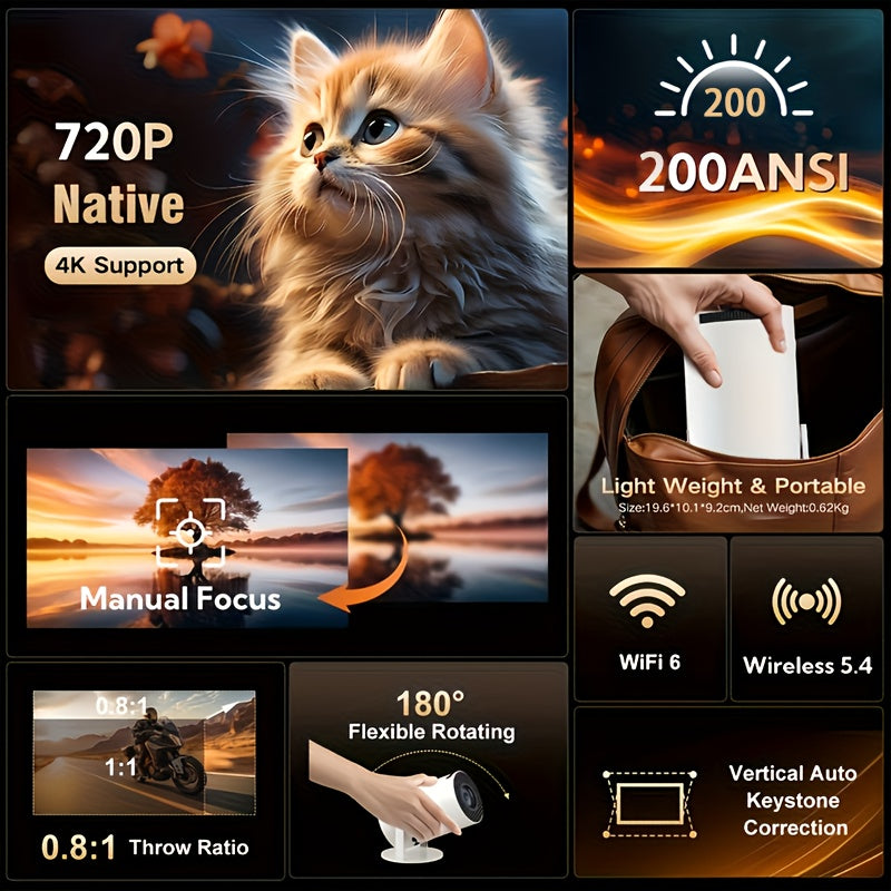 HY300PRO 2025 – Mini Projetor Portátil 720P, Suporte 4K, WiFi, BT, Auto Keystone