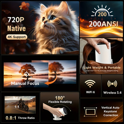HY300PRO 2025 – Mini Projetor Portátil 720P, Suporte 4K, WiFi, BT, Auto Keystone